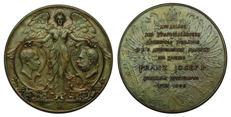 Австрия Медаль Выставка, посвящённая 50-летию правления Франца Иосифа I 1898 (бронза, диаметр 63 мм), цена 20-25 евро