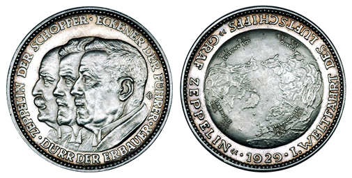 Германия Медаль Кругосветный перелёт на дирижабле - Ф. Цеппелин, Л. Дюрр и Х. Экенер 1929 (серебро, диаметр 36 мм), цена 35-40 евро