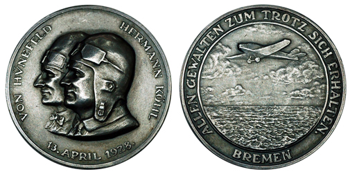 Германия Медаль Трансатлантический перелёт - Хюнефельд и Кёль 1928 (серебро, диаметр 36 мм), цена 25-30 евро