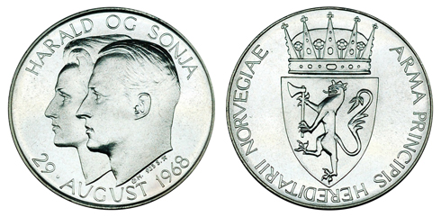 Норвегия Медаль Свадьба принца Харальда и Сони Харальдсен 1968 (серебро, диаметр 35 мм), цена 10.5-13 евро