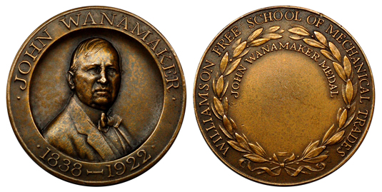 США Медаль Училища механических ремёсел г. Уильямсон - Дж. Уонамейкер (бронза, диаметр 38 мм), цена 5.5-6.5 долларов