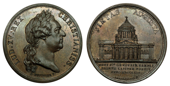 Франция Медаль В память о закладке первого камня при перестройке церкви Св. Женевьевы (Пантеона) 1764 (бронза, диаметр 42 мм), цена 26-32 евро
