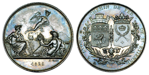 Франция Медаль Железная дорога из Лиона в Сент-Этьен 1826 (серебро, диаметр 37 мм), цена 32-40 евро