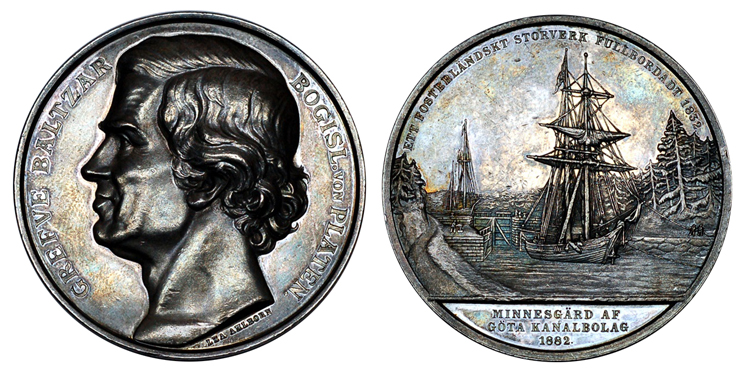 Швеция Медаль Граф Бальтзар фон Платен - 50 лет открытия Гёта-канала 1882 (серебро, диаметр 53 мм), цена 55-70 евро
