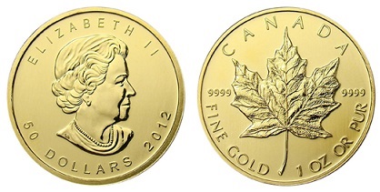 Канада 50 долларов 2012, кленовый лист (1 унция = 31.10 г 999 пробы)