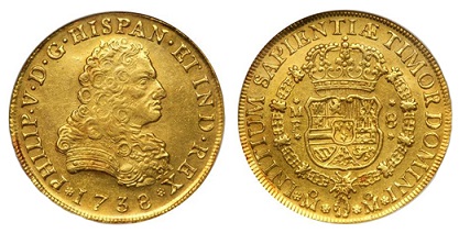 Мексика 8 эскудо испанского короля Филиппа V, 1738, монетный двор Мехико (27.07 г, 917 пробы)