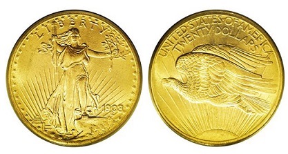 США 20 долларов 1908, тип, разработанный О. Сент-Годенсом (33.44 г, 900 пробы)