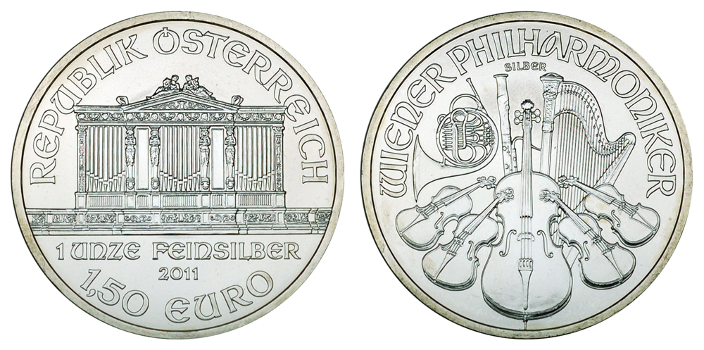 Австрия 1.5 евро с 2008 г. Венская филармония (1 унция серебра)