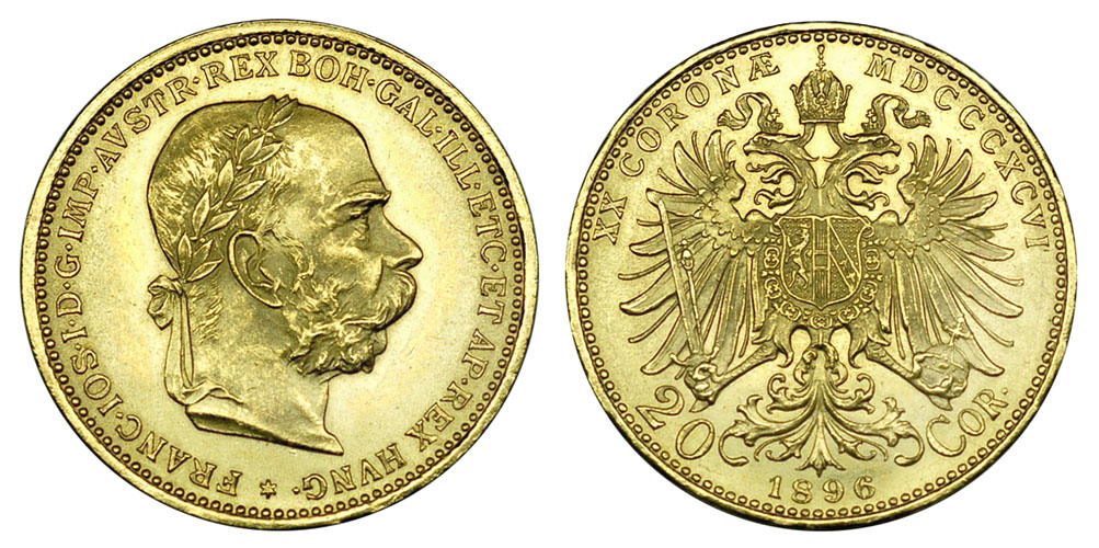 Австрия, Венгрия 20 корон 1892-1924 (вес 6.78 г, 900 проба, 0.1960 унции)