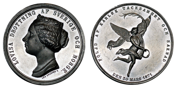 Швеция Медаль Смерть королевы Луизы 1871 (свинцово-оловянный сплав, диаметр 44 мм), цена 13-16 евро