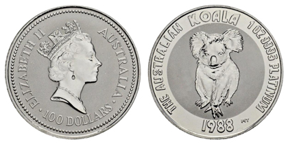 Австралия 100 долларов 1988 платина