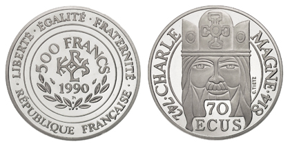 Франция 500 франков - 70 ЭКЮ 1990 платина
