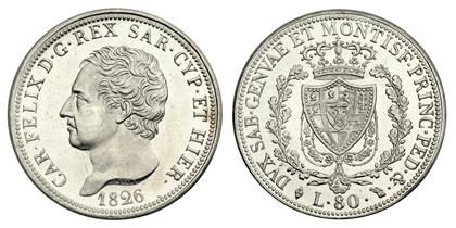Сардиния 80 лир 1826 платина рестрайк